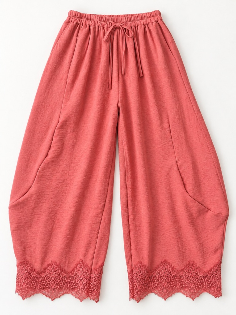 Women's Coral Wide-Leg Cropped Pants with Lace Trim Small